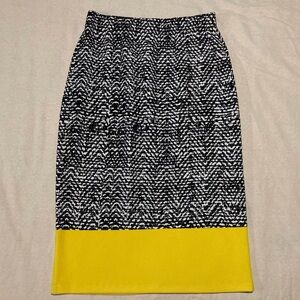 Travel Elements Black and White Midi Pencil Skirt with Bold Yellow Band